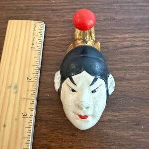 Vintage Asian Doll Head Figurine Red Lips Cracked Finish Fong Inn Tag